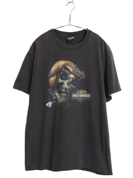 ハーレー ダビッドソン 両面 プリント Tシャツ メンズ L 程 古着 オフィシャル バイク スカル イラスト アート グラフィック カットソー 黒