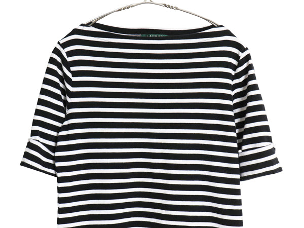 00s ローレン ラルフローレン ボートネック ボーダー 5分袖 Tシャツ レディース M ポロ オールド ストレッチ コットン カットソー ツートン