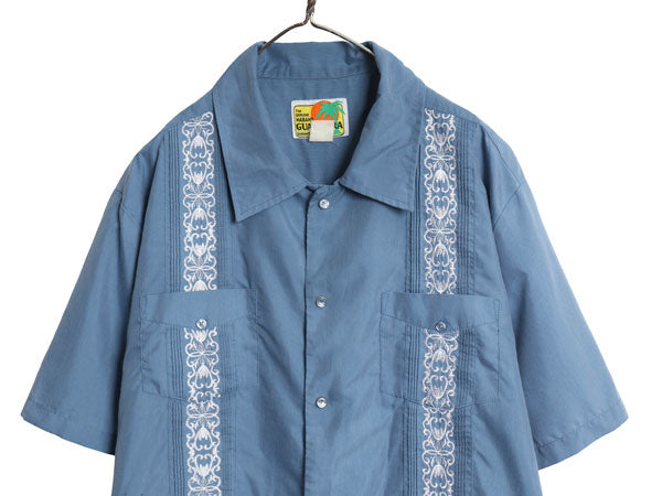 90s 半袖 キューバ シャツ メンズ XL 程 オールド グアヤベーラ メキシカン ボックス ポケット付き シワになりにくい 大きいサイズ ブルー