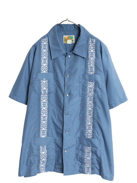90s 半袖 キューバ シャツ メンズ XL 程 オールド グアヤベーラ メキシカン ボックス ポケット付き シワになりにくい 大きいサイズ ブルー