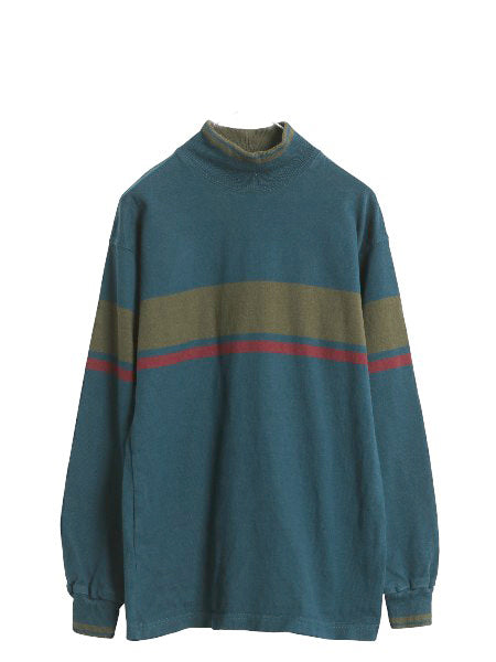 80s USA製 エルエルビーン モックネック ボーダー 長袖 Tシャツ メンズ S ヴィンテージ ロンT ラガーシャツ 素材 ヘビーウェイト コットン