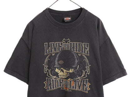 ハーレー ダビッドソン 両面 プリント Tシャツ メンズ XL 古着 オフィシャル バイク スカル イラスト アート グラフィック 黒 大きいサイズ