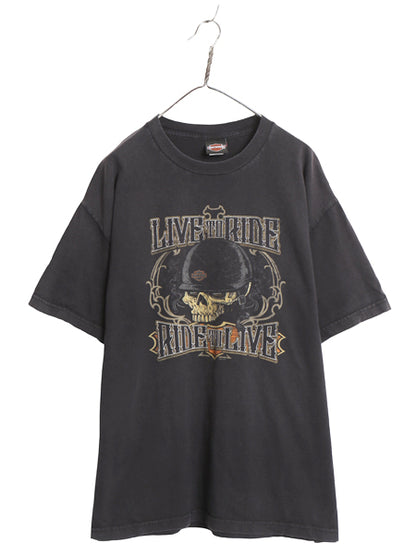ハーレー ダビッドソン 両面 プリント Tシャツ メンズ XL 古着 オフィシャル バイク スカル イラスト アート グラフィック 黒 大きいサイズ