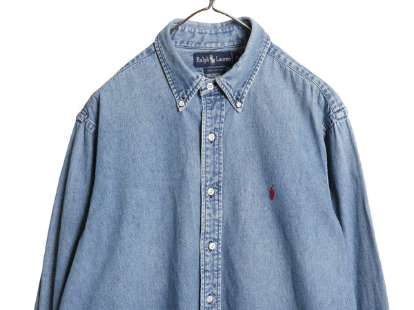 90s ラルフローレン ボタンダウン 長袖 デニム シャツ メンズ XL / 古着 オールド ポロ 長袖シャツ ワンポイント カジュアル 大きいサイズ 