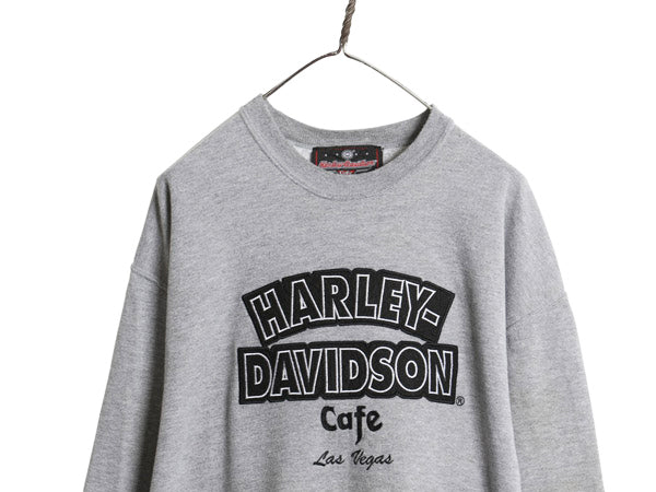 USA製 ハーレー ダビッドソン 両面 ロゴ 刺繍 スウェット メンズ L 程 トレーナー バイク カフェ 薄手 クルーネック シンプル ゆったり 灰