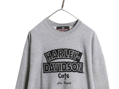 USA製 ハーレー ダビッドソン 両面 ロゴ 刺繍 スウェット メンズ L 程 トレーナー バイク カフェ 薄手 クルーネック シンプル ゆったり 灰