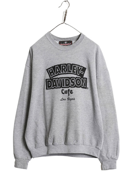 USA製 ハーレー ダビッドソン 両面 ロゴ 刺繍 スウェット メンズ L 程 トレーナー バイク カフェ 薄手 クルーネック シンプル ゆったり 灰
