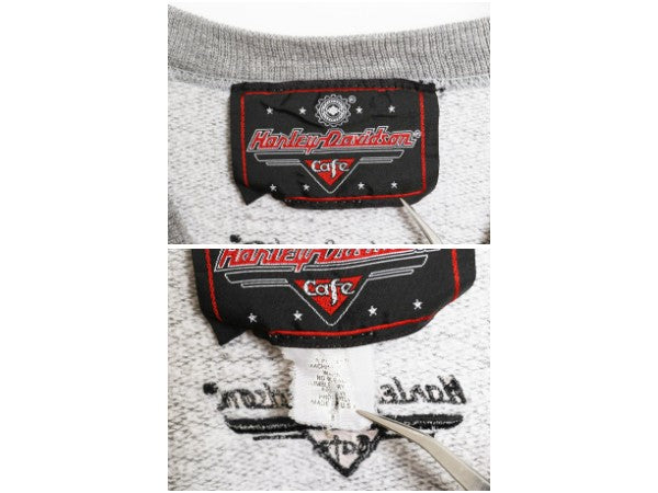 USA製 ハーレー ダビッドソン 両面 ロゴ 刺繍 スウェット メンズ L 程 トレーナー バイク カフェ 薄手 クルーネック シンプル ゆったり 灰