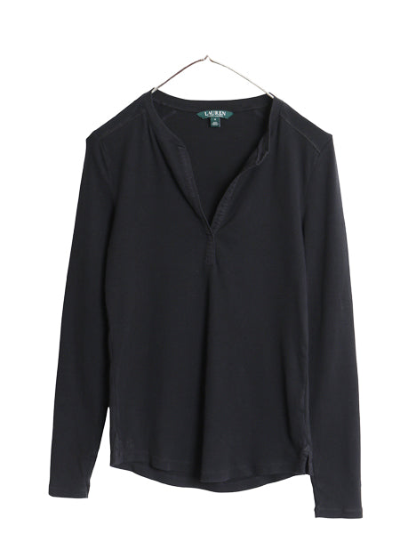 00s ローレン ラルフローレン スキッパー 長袖 Tシャツ レディース S / オールド ロンT コットン ストレッチ リブ編み カットソー 黒 無地