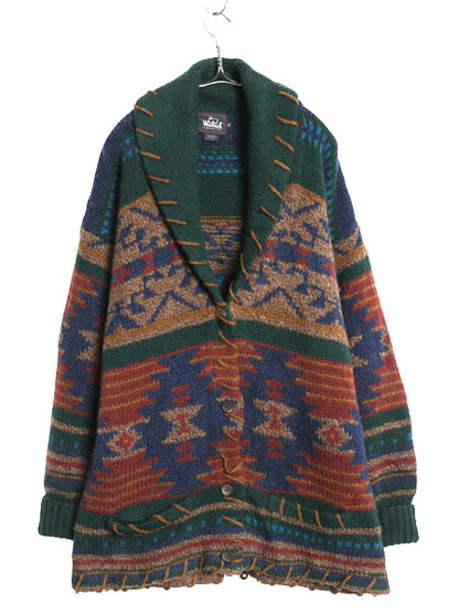 90s ウールリッチ ショールカラー ニット カーディガン レディース M / オールド ウール ハンドメイド ネイティブ 絵柄 総柄 マルチカラー