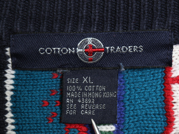 90s COTTON TRADERS 3D 立体編み デザイン ニット セーター メンズ XL 古着 オールド 長袖ニット コットン クルーネック 総柄 大きいサイズ