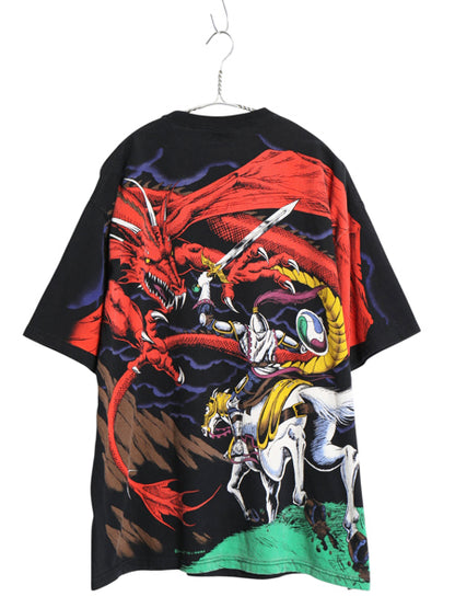 90s ★ リキッドブルー ドラゴン オールオーバー プリント Tシャツ メンズ XL オールド 当時物 アート 騎士 グラフィック 大判 イラスト 黒