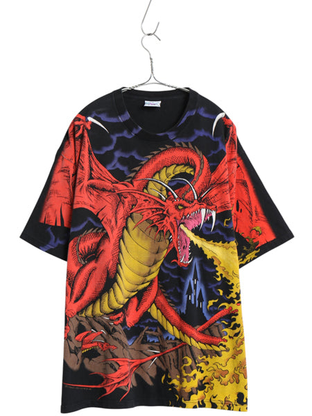 90s ★ リキッドブルー ドラゴン オールオーバー プリント Tシャツ メンズ XL オールド 当時物 アート 騎士 グラフィック 大判 イラスト 黒