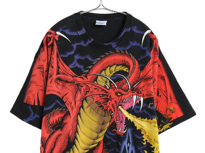 90s ★ リキッドブルー ドラゴン オールオーバー プリント Tシャツ メンズ XL オールド 当時物 アート 騎士 グラフィック 大判 イラスト 黒