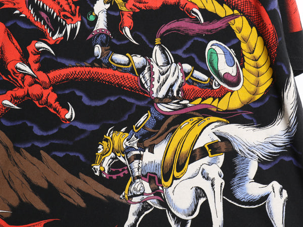 90s ★ リキッドブルー ドラゴン オールオーバー プリント Tシャツ メンズ XL オールド 当時物 アート 騎士 グラフィック 大判 イラスト 黒
