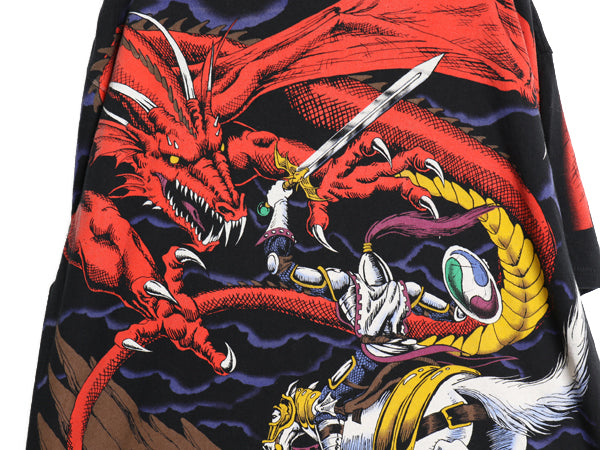 90s ★ リキッドブルー ドラゴン オールオーバー プリント Tシャツ メンズ XL オールド 当時物 アート 騎士 グラフィック 大判 イラスト 黒