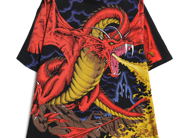 90s ★ リキッドブルー ドラゴン オールオーバー プリント Tシャツ メンズ XL オールド 当時物 アート 騎士 グラフィック 大判 イラスト 黒