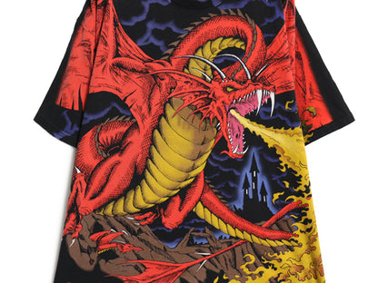 90s ★ リキッドブルー ドラゴン オールオーバー プリント Tシャツ メンズ XL オールド 当時物 アート 騎士 グラフィック 大判 イラスト 黒