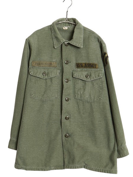 70s 米軍実物 US ARMY コットン サテン ユーティリティ シャツ M ヴィンテージ 70年製 OG107 シャツ袖 3rd ミリタリー 軍物 ワッペン 付き