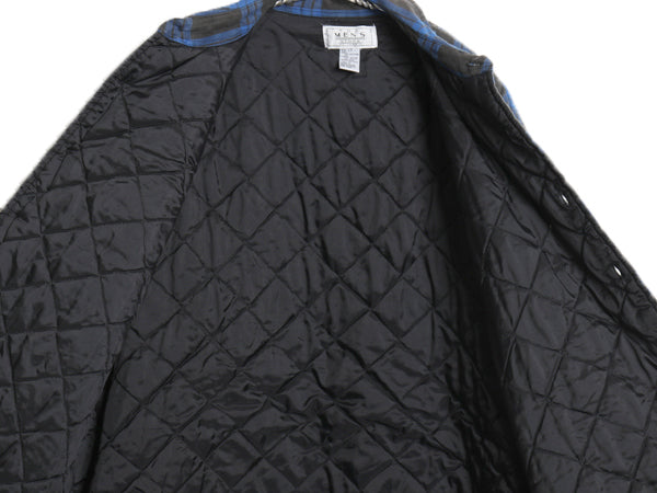 90s シアーズ チェック 長袖 フランネル シャツ メンズ L / 古着 オールド 中綿 キルティング ライナー付き ネルシャツ ジャケット 青 黒 