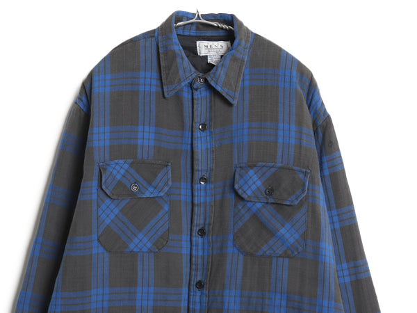 90s シアーズ チェック 長袖 フランネル シャツ メンズ L / 古着 オールド 中綿 キルティング ライナー付き ネルシャツ ジャケット 青 黒 