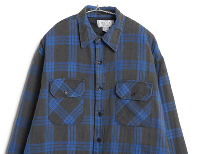 90s シアーズ チェック 長袖 フランネル シャツ メンズ L / 古着 オールド 中綿 キルティング ライナー付き ネルシャツ ジャケット 青 黒 