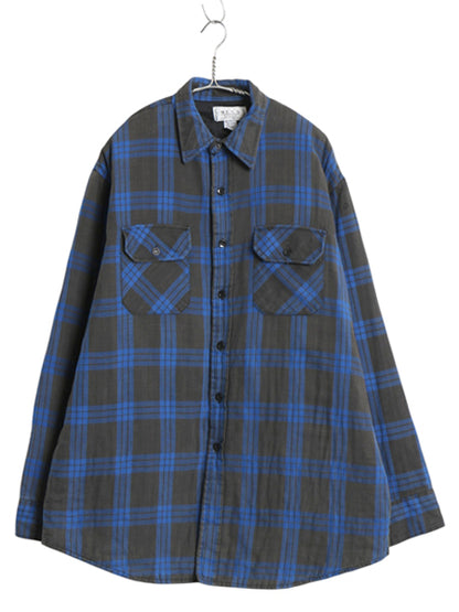 90s シアーズ チェック 長袖 フランネル シャツ メンズ L / 古着 オールド 中綿 キルティング ライナー付き ネルシャツ ジャケット 青 黒 