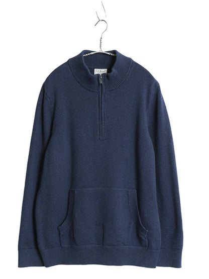 エルエルビーン ハーフジップ ニット セーター メンズ L 古着 アウトドア ハイネック 高級 カシミヤ コットン ポケット付き 無地 ネイビー