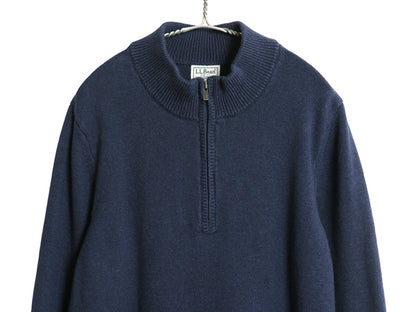 エルエルビーン ハーフジップ ニット セーター メンズ L 古着 アウトドア ハイネック 高級 カシミヤ コットン ポケット付き 無地 ネイビー