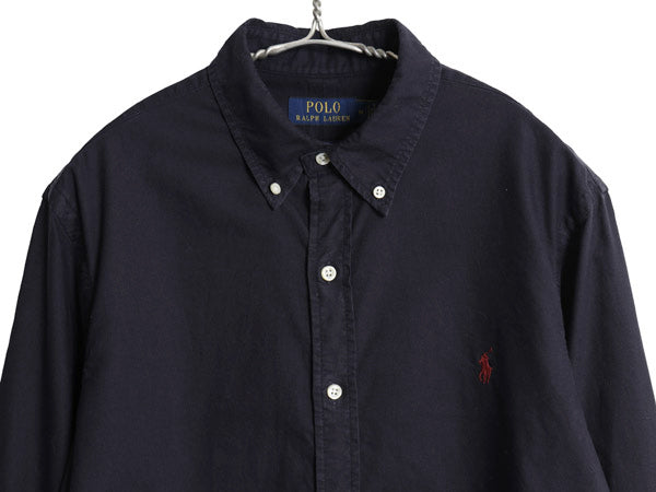 ラルフローレン 長袖 ボタンダウン シャツ メンズ M / 古着 ポロ SLIM FIT オックスフォード コットン ワンポイント ポニー 無地 ネイビー