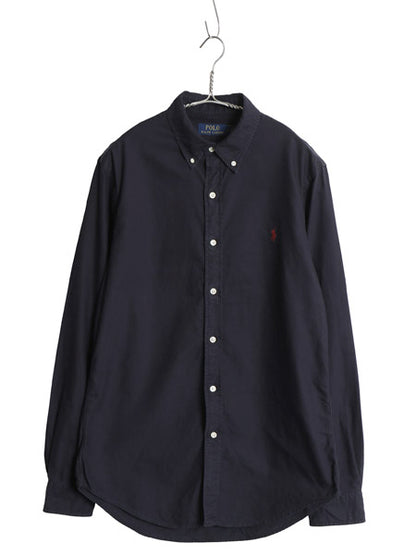 ラルフローレン 長袖 ボタンダウン シャツ メンズ M / 古着 ポロ SLIM FIT オックスフォード コットン ワンポイント ポニー 無地 ネイビー