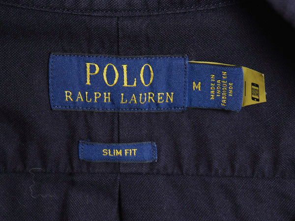 ラルフローレン 長袖 ボタンダウン シャツ メンズ M / 古着 ポロ SLIM FIT オックスフォード コットン ワンポイント ポニー 無地 ネイビー