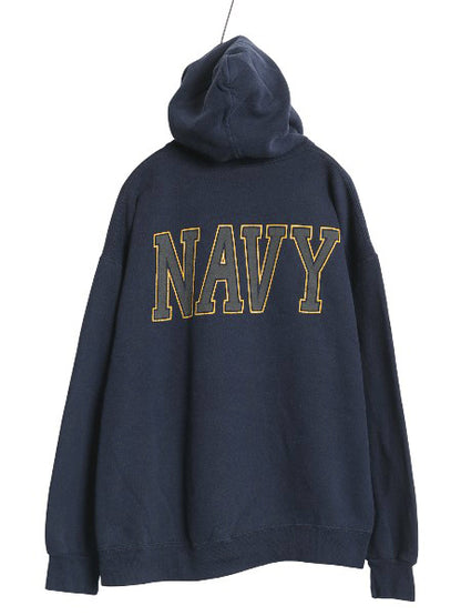 90s USA製 US NAVY 両面 プリント スウェット フード パーカー メンズ XL / オールド ミリタリー トレーナー 裏起毛 軍物 大きいサイズ USN