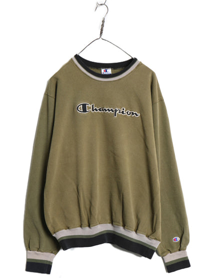 90s チャンピオン ロゴ 刺繍 スウェット メンズ レディース XL / 古着 オールド 裏起毛 トレーナー 大きいサイズ スクリプト リブライン 緑