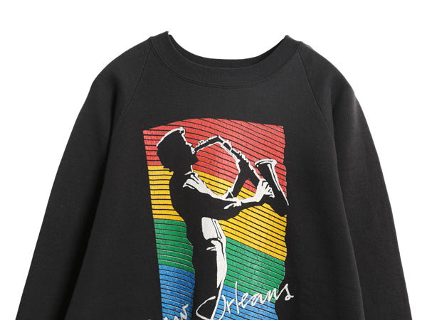 80s USA製 ジャズ アート イラスト プリント スウェット メンズ XL / 古着 ヴィンテージ トレーナー グラフィック 裏起毛 黒 大きいサイズ