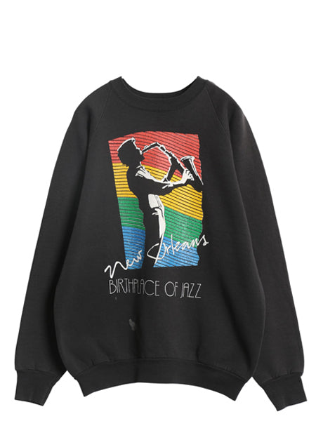 80s USA製 ジャズ アート イラスト プリント スウェット メンズ XL / 古着 ヴィンテージ トレーナー グラフィック 裏起毛 黒 大きいサイズ