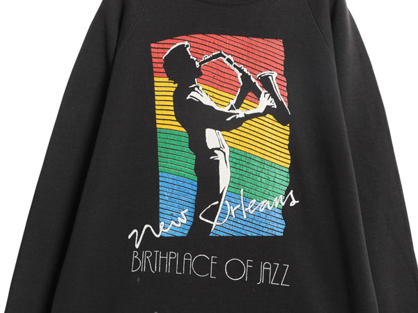 80s USA製 ジャズ アート イラスト プリント スウェット メンズ XL / 古着 ヴィンテージ トレーナー グラフィック 裏起毛 黒 大きいサイズ
