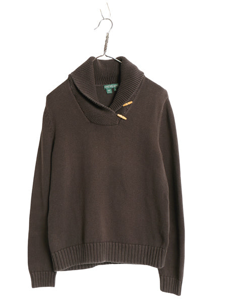 00s ラルフローレン ジーンズ ショールカラー ニット セーター レディース M ポロ オールド コットン ストレッチ リブ編み プルオーバー 茶