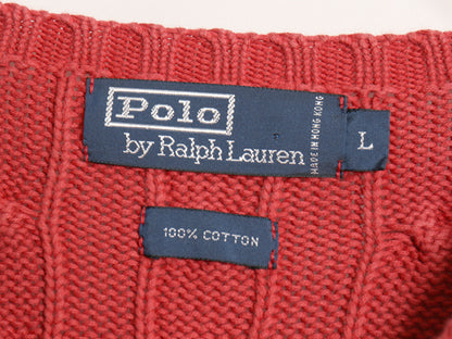 90s ポロ ラルフローレン コットン ケーブル ニット セーター メンズ L 古着 オールド クルーネック ワンポイント ポニー 刺繍 無地 レッド