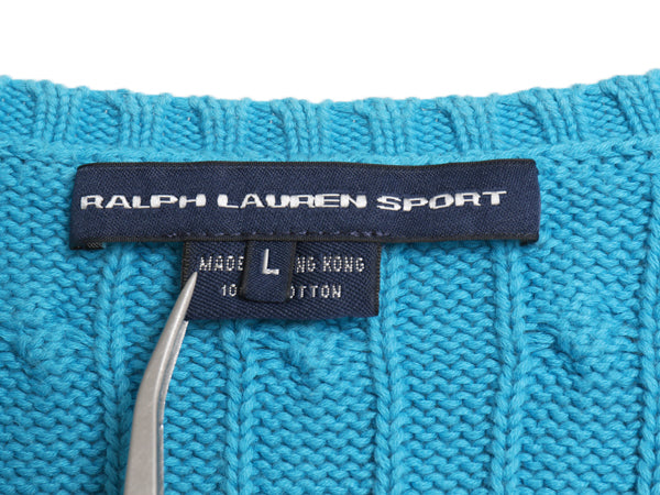 ラルフローレン Vネック コットン ケーブル ニット セーター レディース L / 古着 ポロ スポーツ 長袖ニット ワンポイント きれいめ ブルー