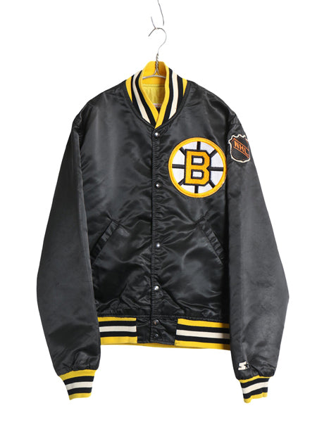 90s USA製 ブルーインズ ナイロン サテン スタジャン メンズ M オールド NHL オフィシャル スターター 中綿 キルティング ライナー 付き 黒