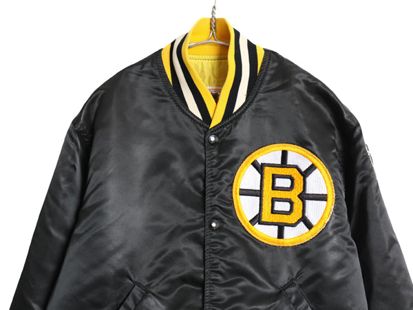90s USA製 ブルーインズ ナイロン サテン スタジャン メンズ M オールド NHL オフィシャル スターター 中綿 キルティング ライナー 付き 黒