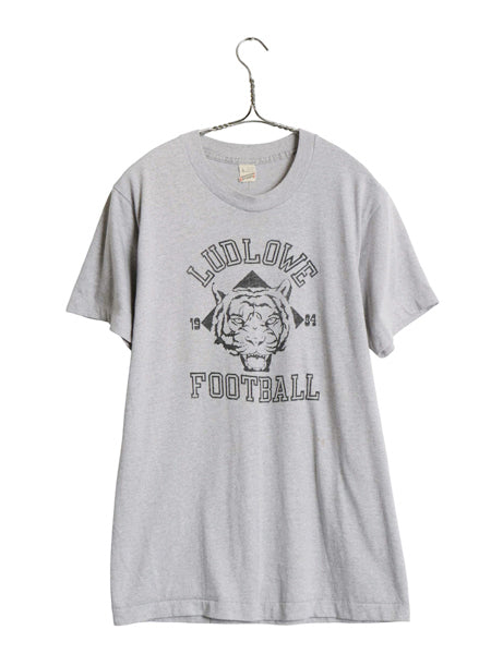 80s USA製 3段 プリント 半袖 Tシャツ メンズ L 古着 ヴィンテージ カレッジ タイガー フットボール シングルステッチ イラスト 霜降り 灰
