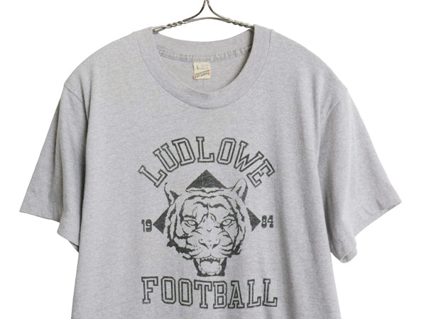 80s USA製 3段 プリント 半袖 Tシャツ メンズ L 古着 ヴィンテージ カレッジ タイガー フットボール シングルステッチ イラスト 霜降り 灰