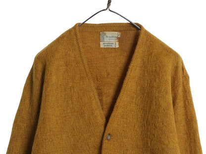 60s ★ モヘア ニット カーディガン メンズ L / ヴィンテージ ウール セーター 毛足 シャギー 前開き ポケット付き ゴールド 無地 グランジ