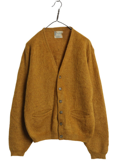 60s ★ モヘア ニット カーディガン メンズ L / ヴィンテージ ウール セーター 毛足 シャギー 前開き ポケット付き ゴールド 無地 グランジ