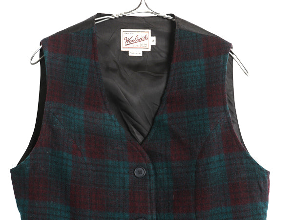 90s USA製 ウールリッチ チェック ウール テーラード ベスト レディース M / 古着 オールド ポケット付き ジレ ノースリーブ 重ね着 前開き