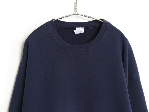90s ラッセル 無地 スウェット メンズ レディース XXL 古着 オールド トレーナー 前V 裏起毛 ワンポイント 大きいサイズ ブランク ネイビー