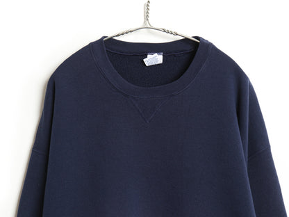 90s ラッセル 無地 スウェット メンズ レディース XXL 古着 オールド トレーナー 前V 裏起毛 ワンポイント 大きいサイズ ブランク ネイビー