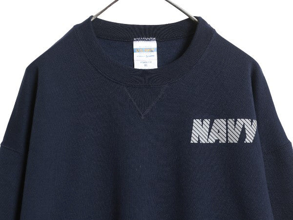 90s USA製 US NAVY 両面 プリント スウェット メンズ XL オールド ミリタリー トレーナー 裏起毛 前V 軍物 大きいサイズ USN クルーネック